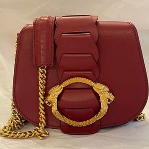 Roberto Cavalli Red Burgundy Leather Bag Lion Roar Gold